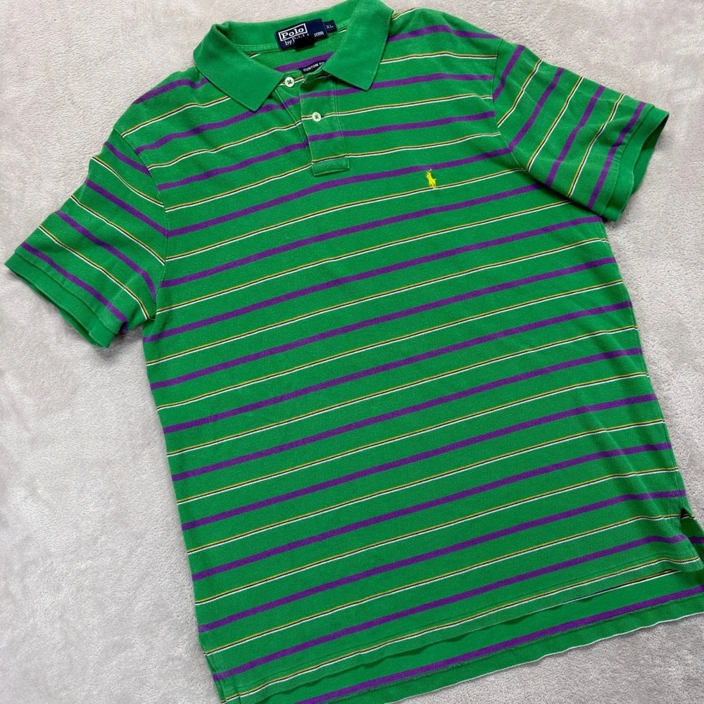 Polo by Ralph Lauren Green Striped Polo with Purple and Yellow Accents
